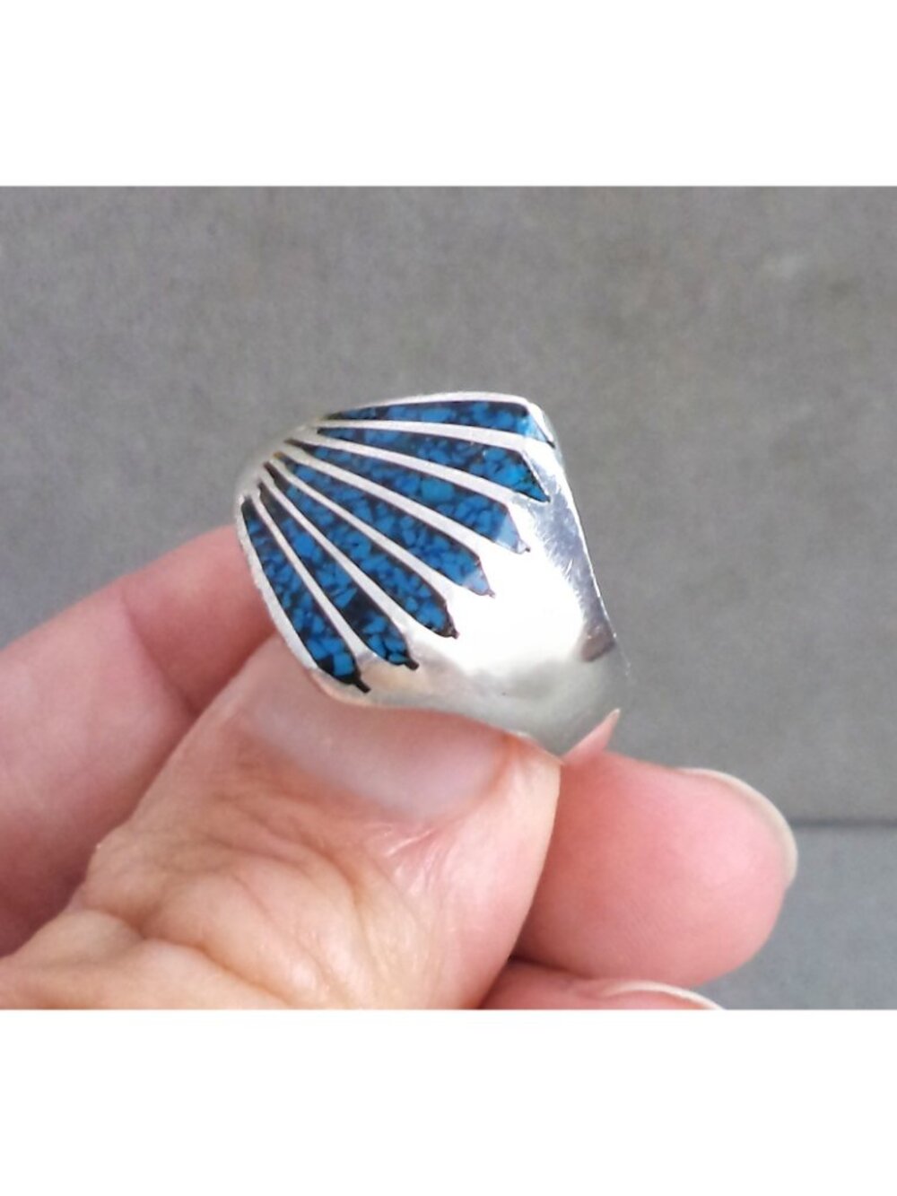 ASYMMETRICAL Inlaid TURQUOISE Mosaic Rays STERLING Silver RING 10.5 Mexico Vtg